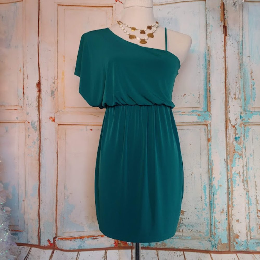 Sweet Storm one strap shoulder angel sleeve stretch dress/size S/teal green